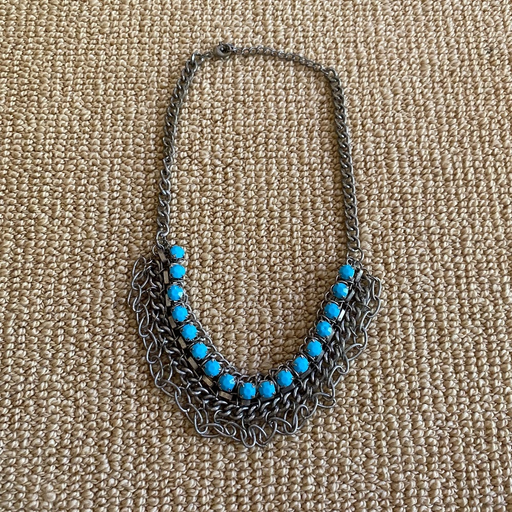 Blue Gemstone Silver Chain Statement Necklace, New - image 1